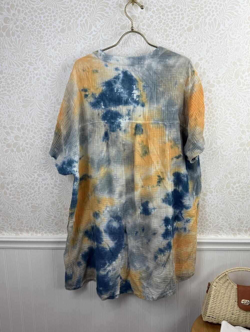 Easel 100% Cotton Oversized Blue Tie-Dye Short Sleeve Dress - Size - Large - Picture 2 of 6
